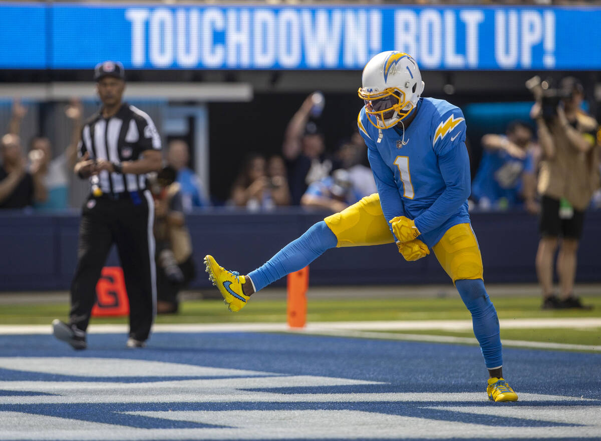 Los Angeles Chargers wide receiver DeAndre Carter (1) celebrates his touchdown during the first ...