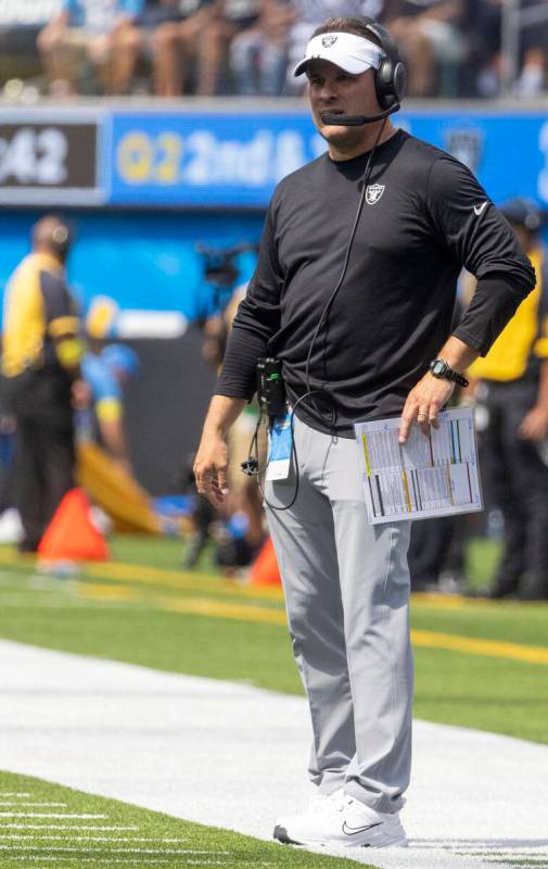 Raiders head coach Josh McDaniels looks on during the second half of an NFL game at SoFi Stadiu ...