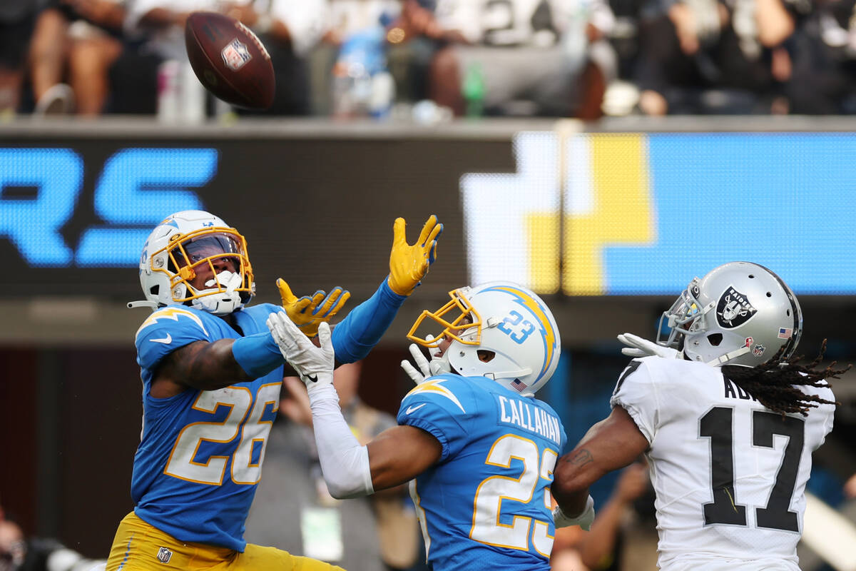 Los Angeles Chargers cornerback Asante Samuel Jr. (26) reaches for the ball for an interception ...