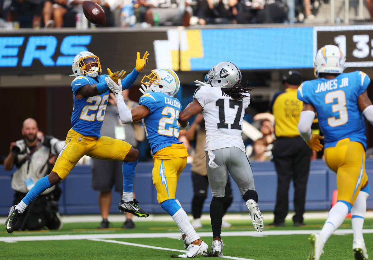 Los Angeles Chargers cornerback Asante Samuel Jr. (26) reaches for the ball for an interception ...