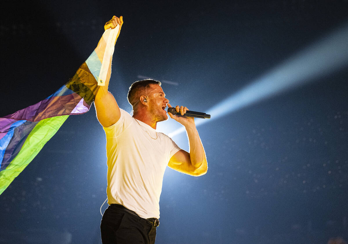 Dan Reynolds, of Imagine Dragons, performs at Allegiant Stadium, on Saturday, Sept. 10, 2022, i ...