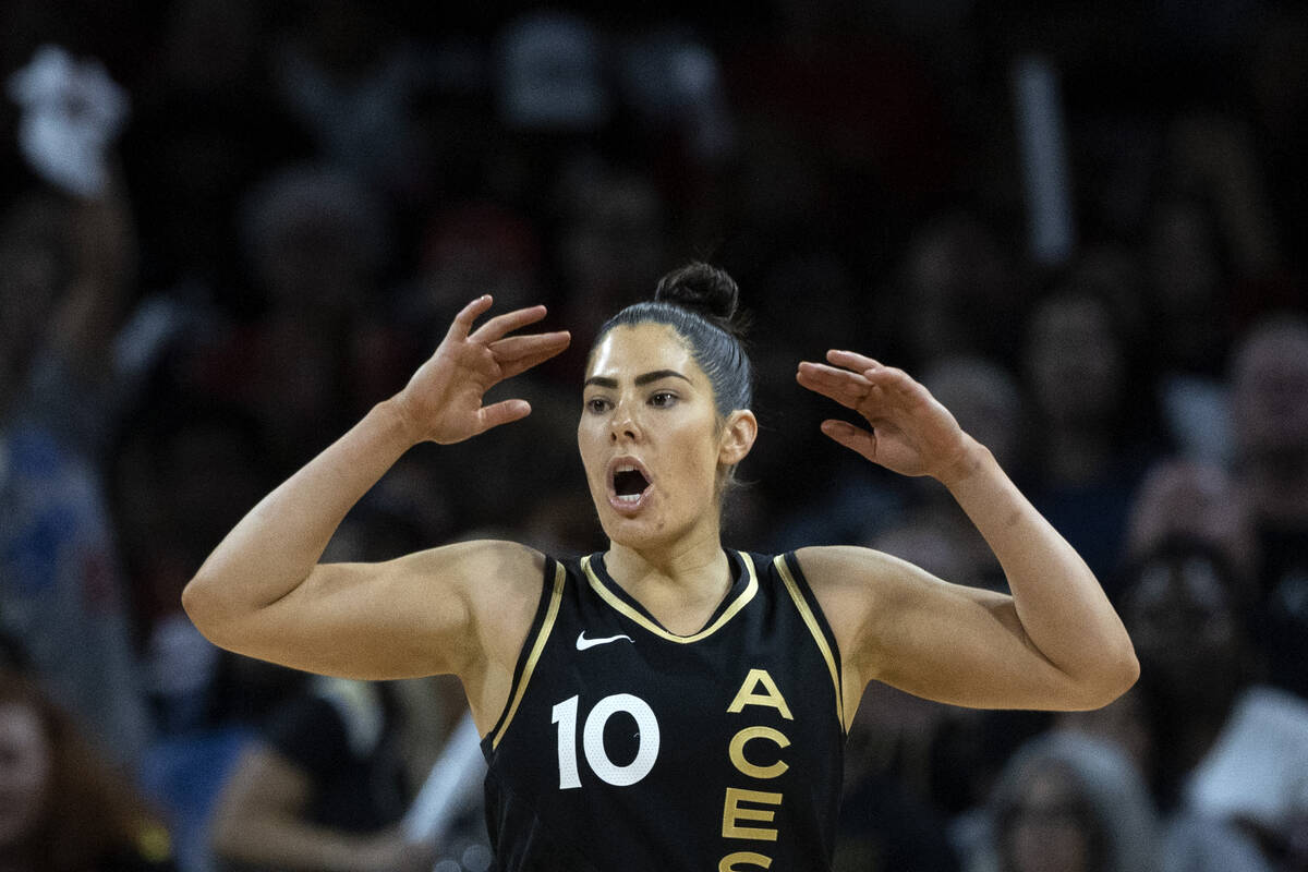 Las Vegas Aces guard Kelsey Plum (10) reacts to a referee’s call during the second half ...