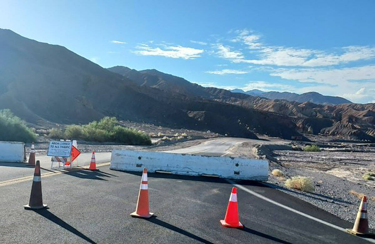Badwater Road Road is closed at the junction with California Route 190 on Sept. 11, 2022. The d ...