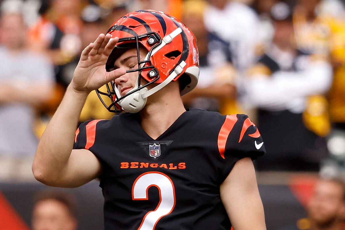 Cincinnati Bengals place kicker Evan McPherson (2) reacts after missing a field goal during an ...