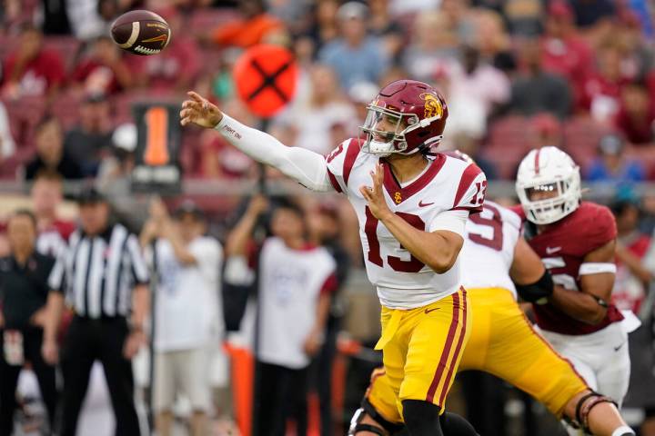 Southern California quarterback Caleb Williams throws a pass against Stanford during the second ...