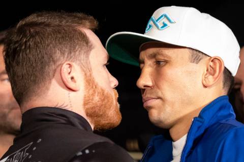 Saul "Canelo" Alvarez, left, and Gennadiy Golovkin, face off during the the "gra ...