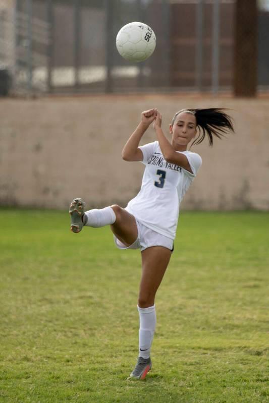Spring Valley High School’s Tyra Nelson (3) goes up for a during their game against Val ...