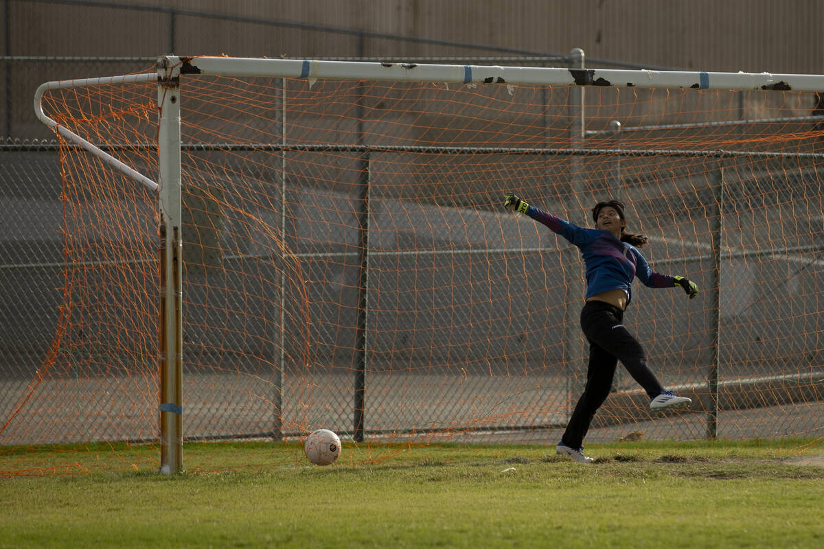 Valley High School's Hanna Zapata (1) tries to block a goal by Spring Valley High School&#x2019 ...