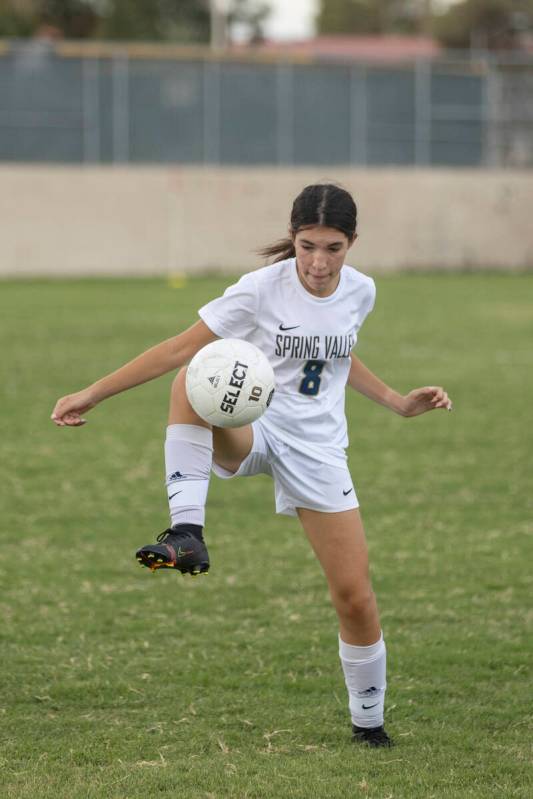 Spring Valley High School's Angelina Alvarado (8) stops the ball during their game at Valley Hi ...