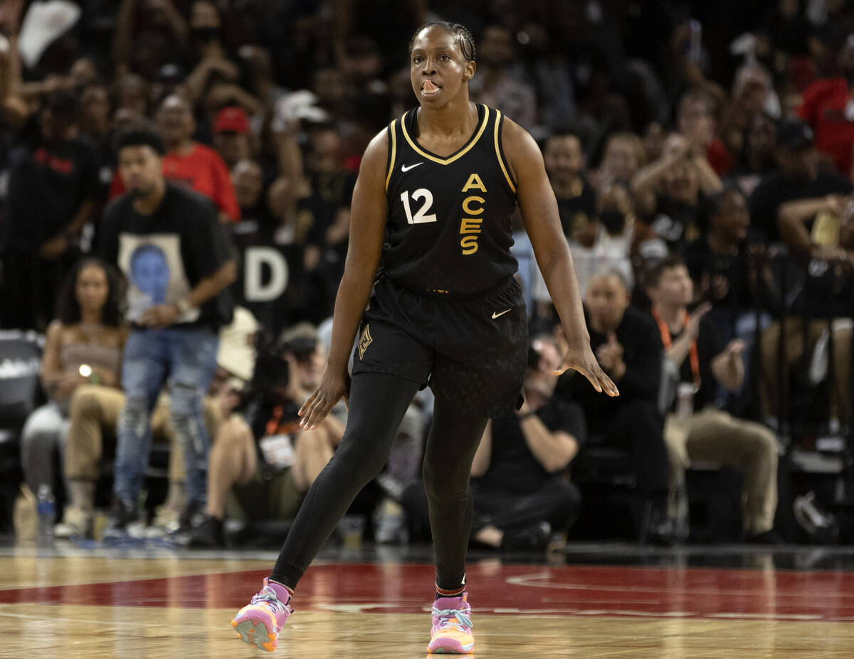 Las Vegas Aces guard Chelsea Gray (12) celebrates after scoring during the second half in Game ...