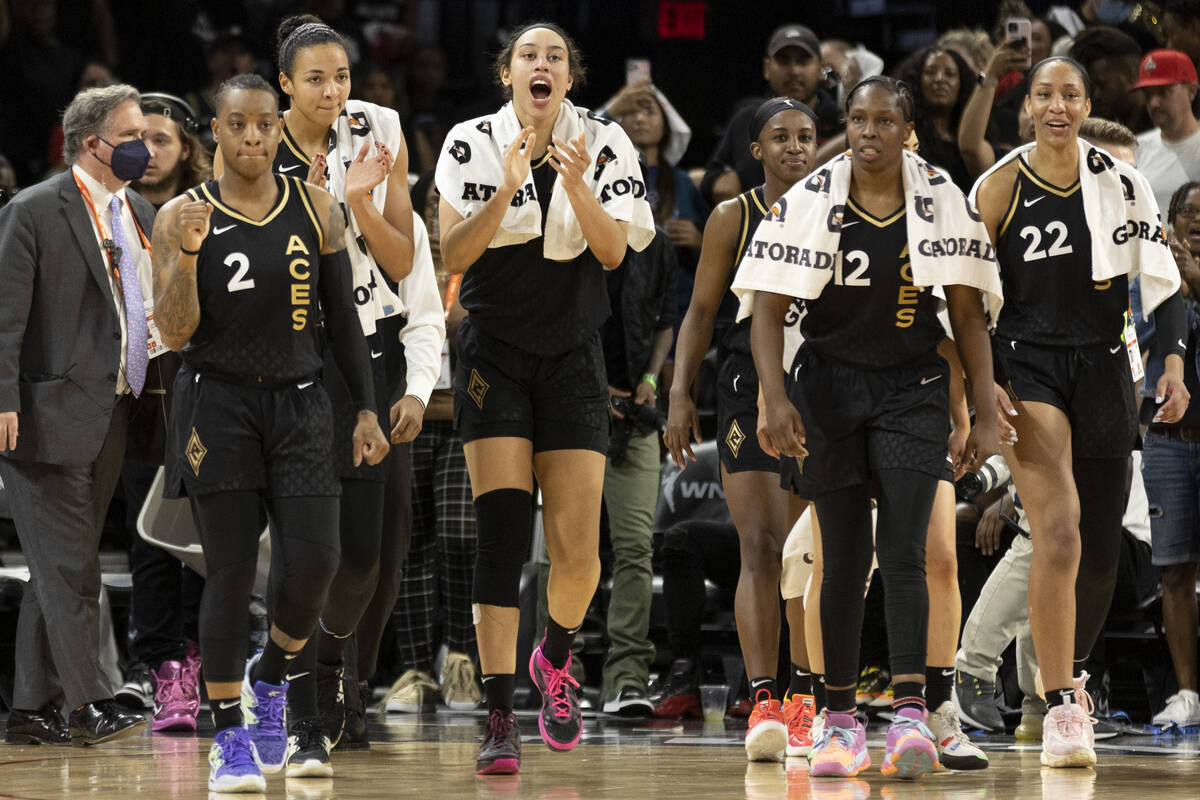 The Las Vegas Aces take the court after winning Game 2 of a WNBA basketball final series agains ...
