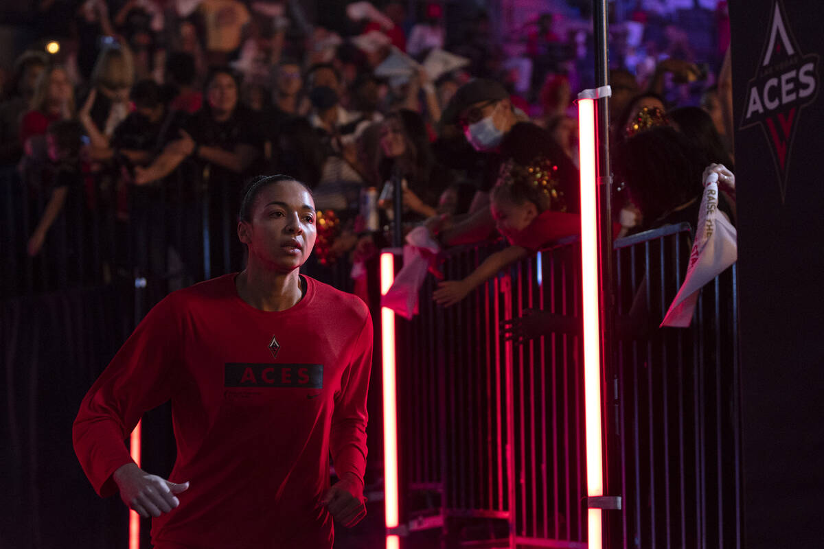 Las Vegas Aces center Kiah Stokes (41) runs out at she is announced in the starting lineup in G ...