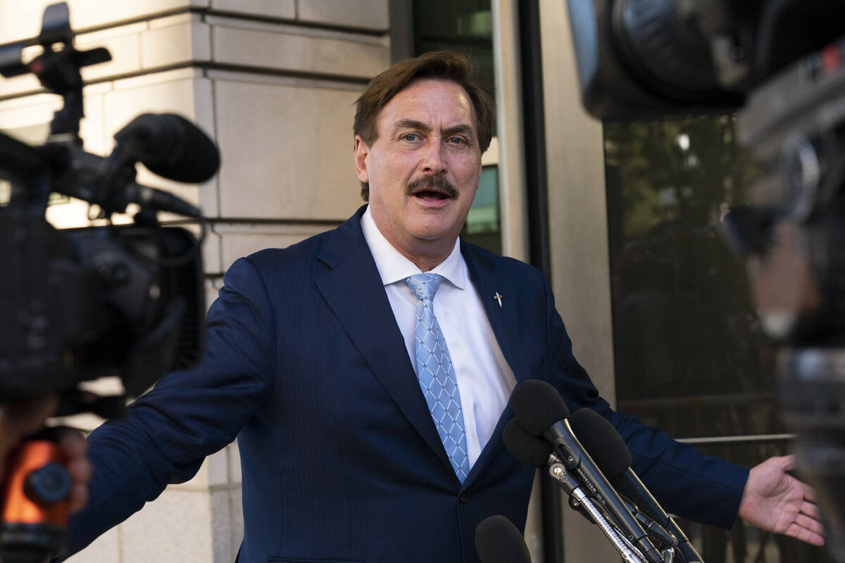 MyPillow chief executive Mike Lindell speaks to reporters outside federal court in Washington, ...