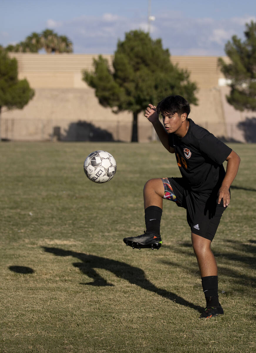 Chaparral's Irvin Aguirre (19) traps the ball during their game against Eldorado at Chaparral H ...