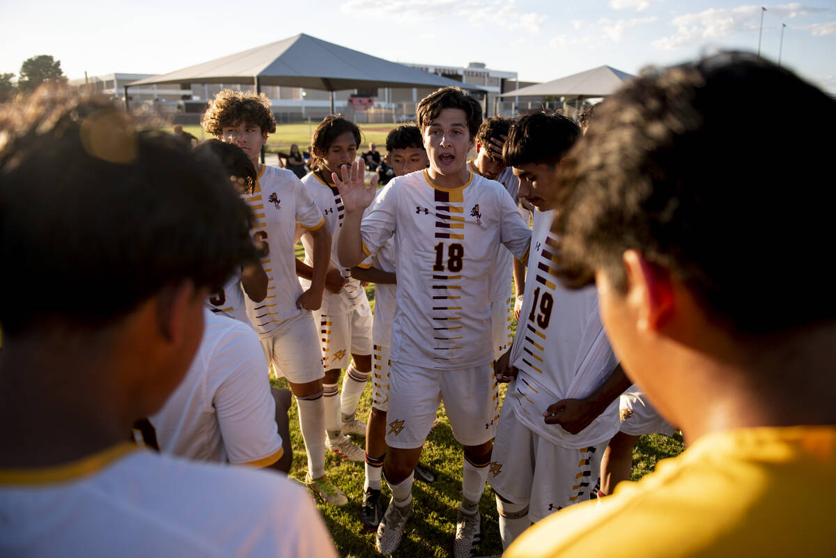 Eldorado's Luke Ostler (18) talks to the team after beating Chaparral 3-2 at Chaparral High Sch ...