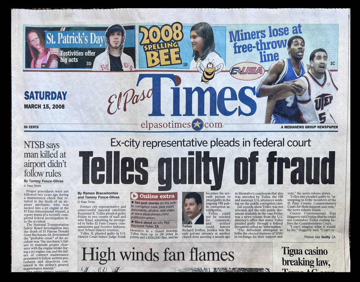 An El Paso Times article from March 15, 2008, detailing the guilty plea of former City Councilm ...