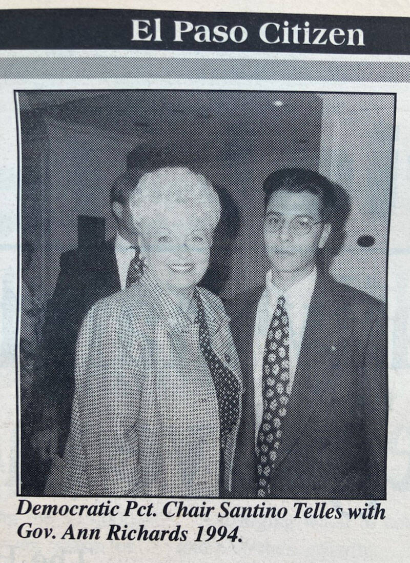 A photo of Santino Telles, a cousin of Robert Telles, with Texas Gov. Ann Richards in 1994. The ...