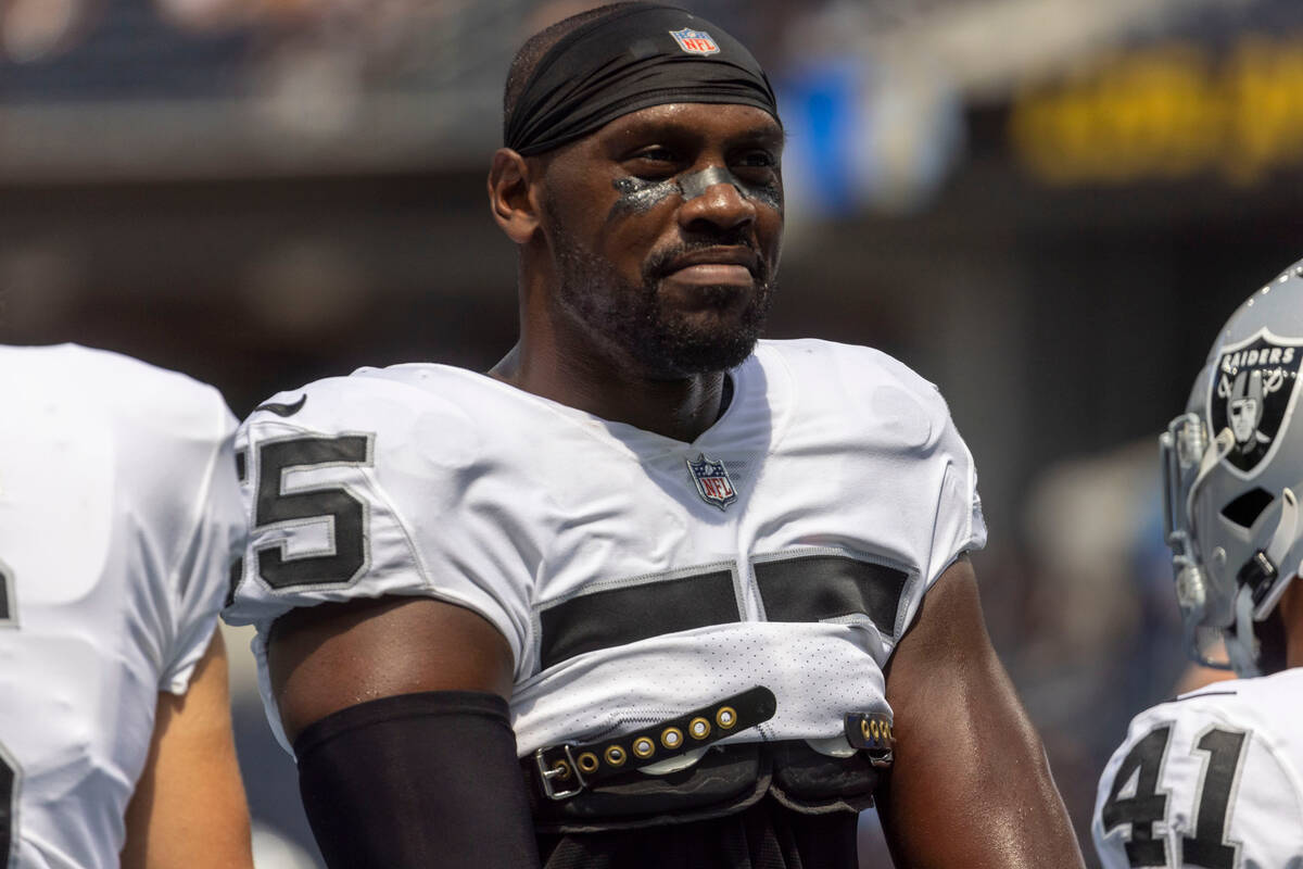 Raiders defensive end Chandler Jones (55) poses before an NFL game against the Los Angeles Char ...