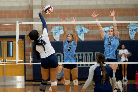 Shadow Ridge's Saniya Wynder (4) makes a hit during their match against Foothill High School on ...