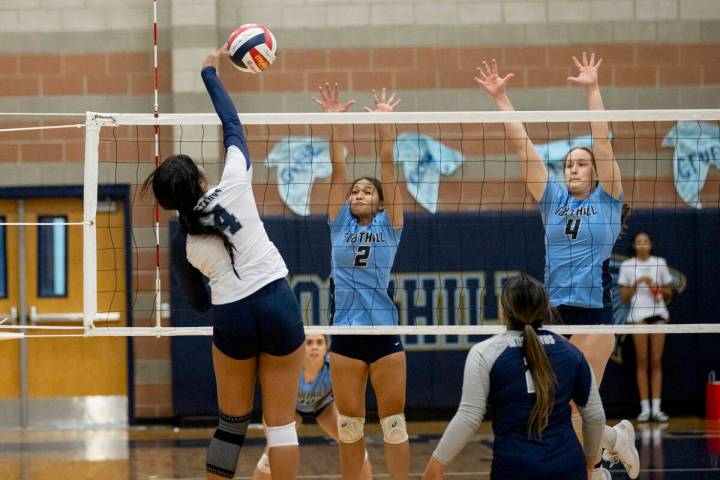 Shadow Ridge's Saniya Wynder (4) makes a hit during their match against Foothill High School on ...