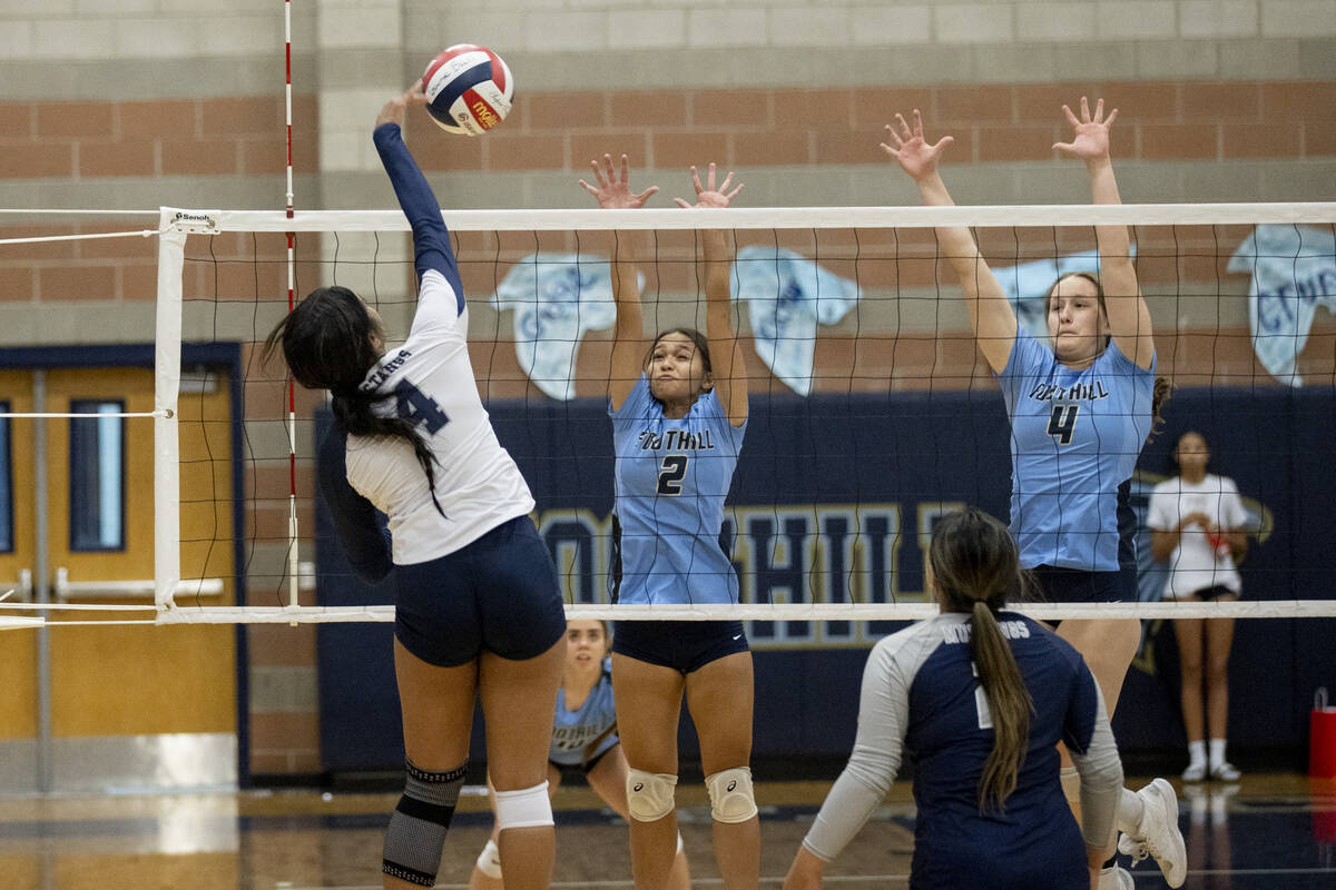 Shadow Ridge's Saniya Wynder (4) makes a hit during their match against Foothill High School on ...