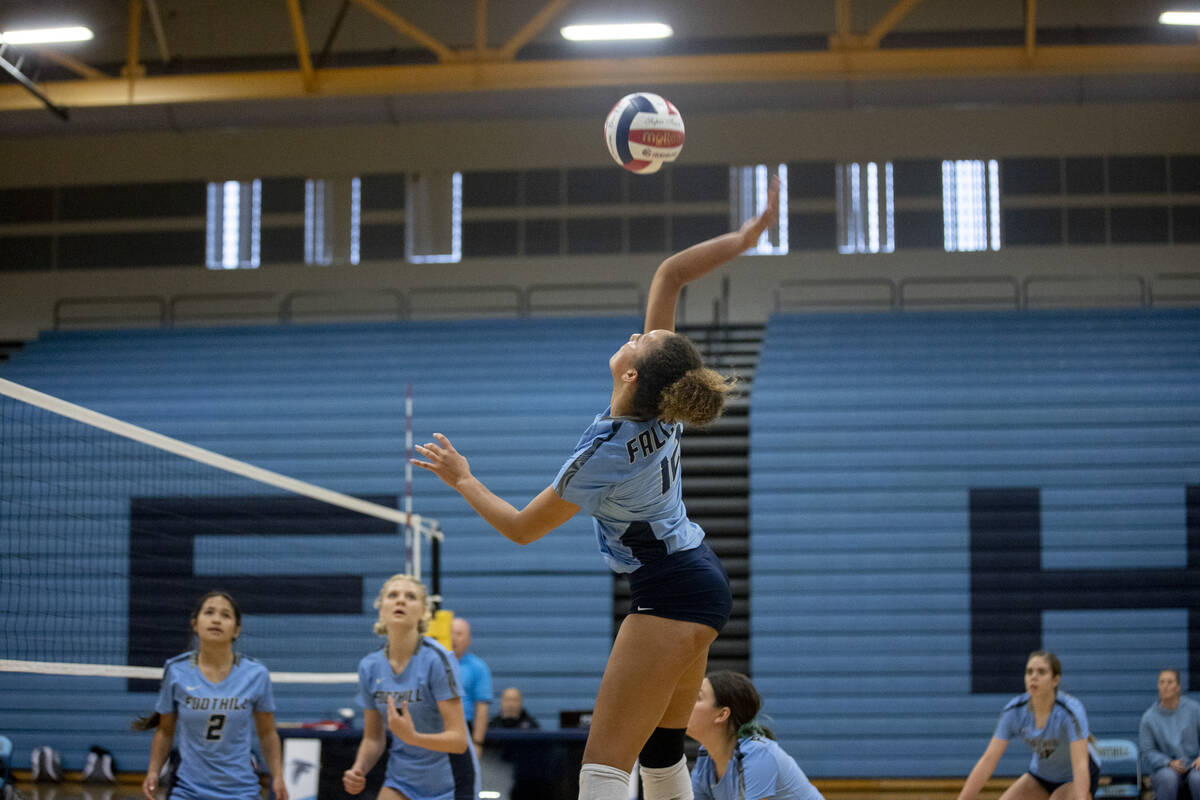 Foothill's Maleya Miles (12) goes up for a hit against Foothill High School on Thursday, Sept. ...