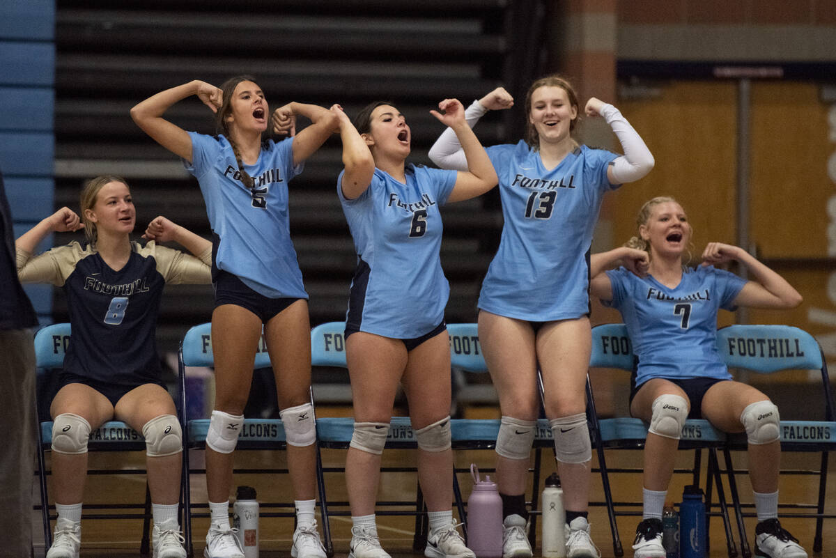 Foothill's Sally Heagany (8), Madison Holmes (5), Morgan Fleisher (6), Bella Riggs (13) and Mad ...