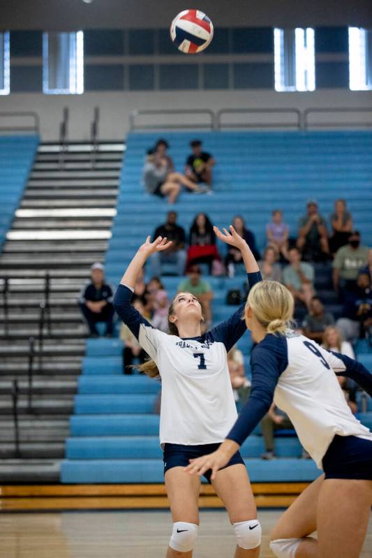 Shadow Ridge's Madi Miller (7) sets the ball for an attach during their game against Foothill H ...