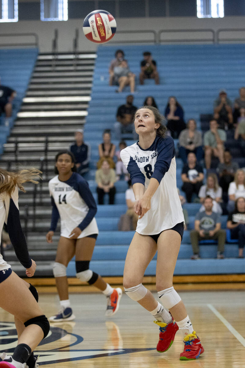 Shadow Ridge's Joli Salazar (8) hits the ball during their match against Foothill High School o ...