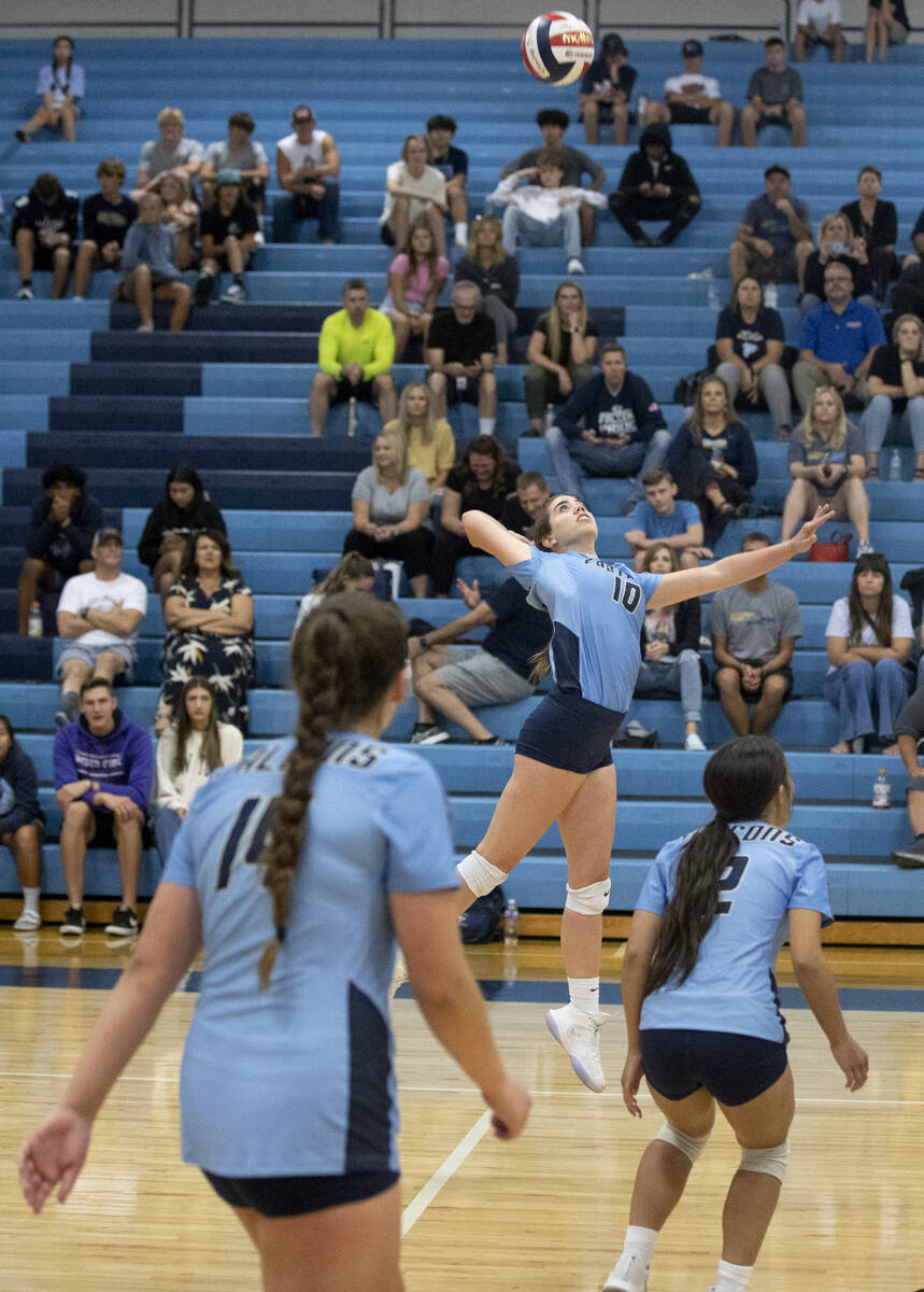 Foothill's Riley Strganac (10) goes up for a hit during their match against Shadow Ridge on Thu ...