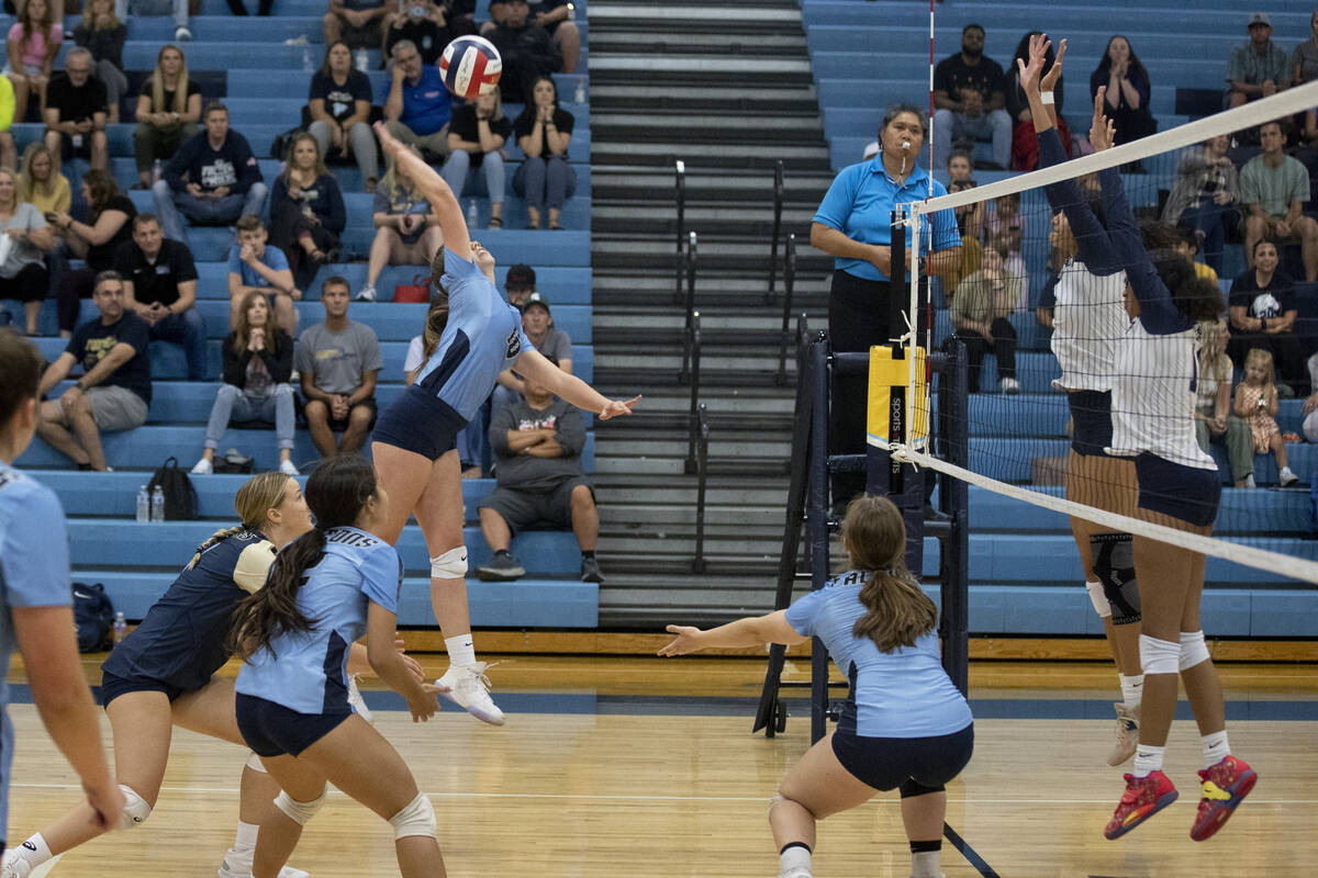 Foothill's Riley Strganac (10) goes up for a hit during their match against Shadow Ridge on Thu ...