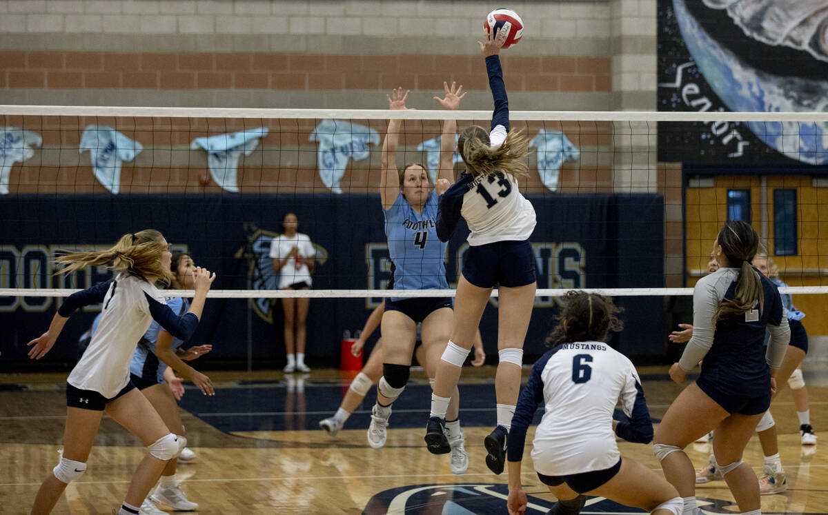 Shadow Ridge's Riah Thurston (13) makes a hit during their match against Foothill High School o ...