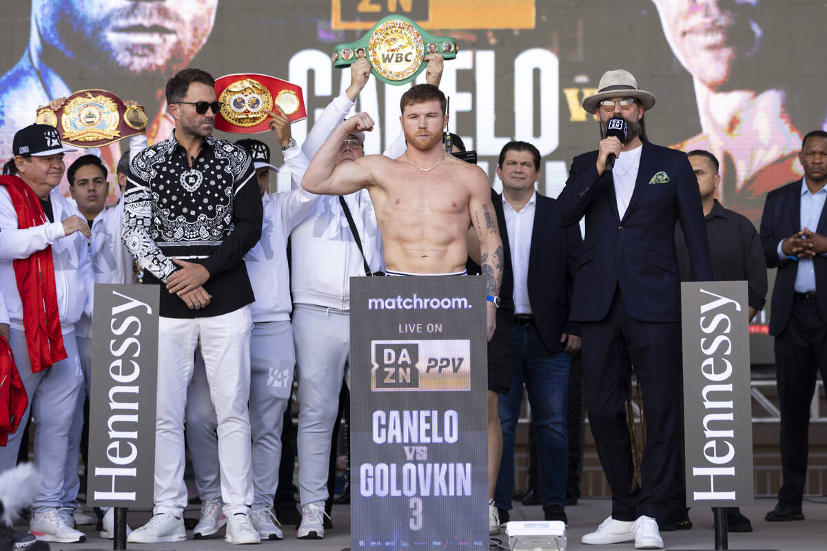 Saul "Canelo" Alvarez stands on the scale during a ceremonial weigh-in at Toshiba Pla ...