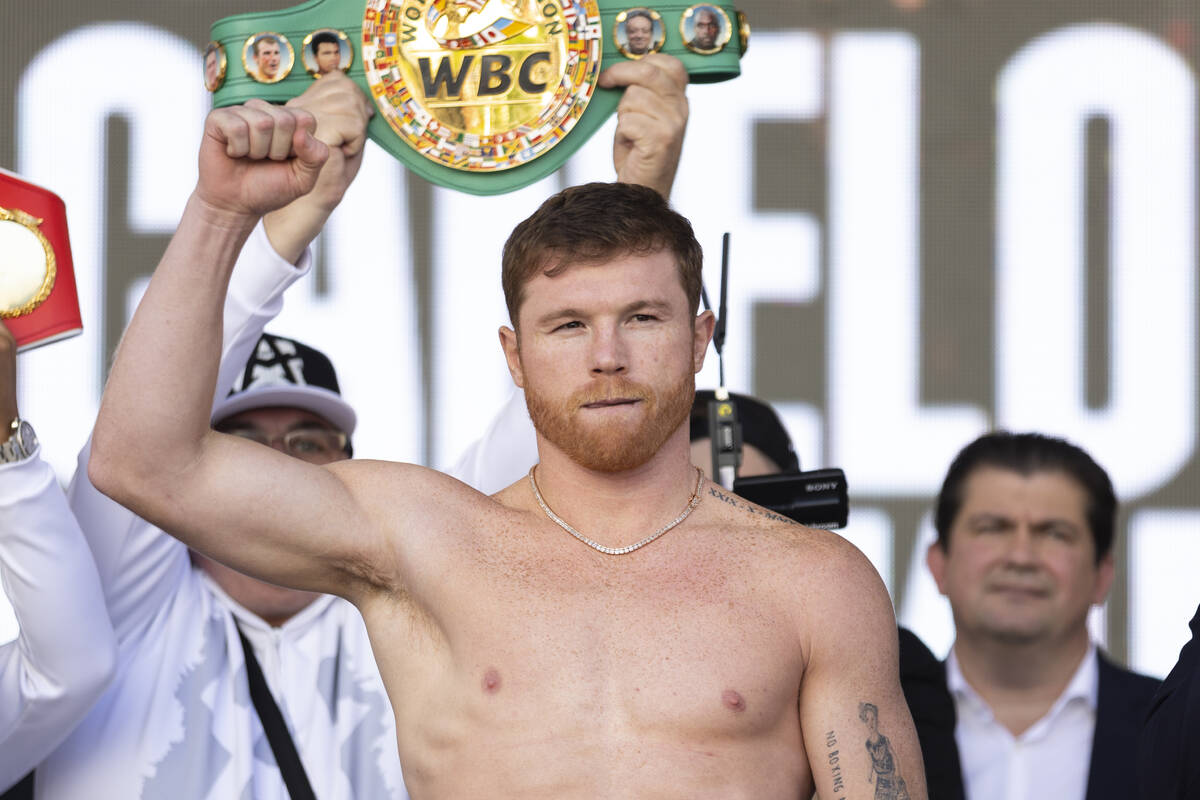 Saul "Canelo" Alvarez stands on the scale during a ceremonial weigh-in at Toshiba Pla ...