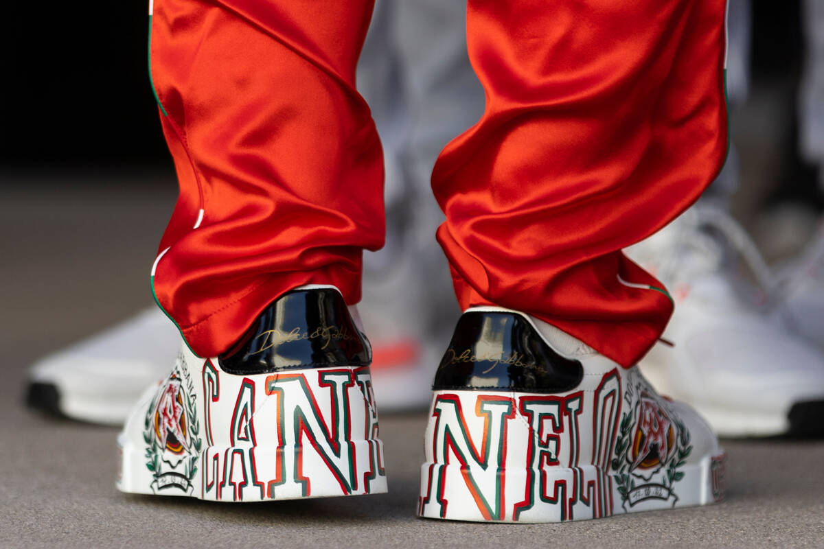 The shoes of Saul "Canelo" Alvarez during a ceremonial weigh-in event at Toshiba Plaz ...