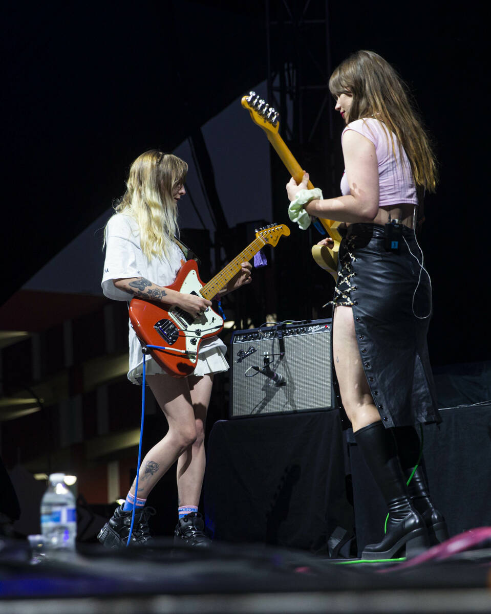 Hester Chambers, left, and Rhian Teasdale of Wet Leg perform during the first day of the Life i ...