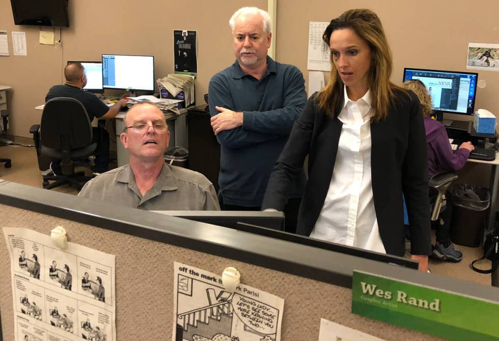 From left, page designer Mark Antonuccio, Jeff German and Karisa King, Assistant Managing Edito ...