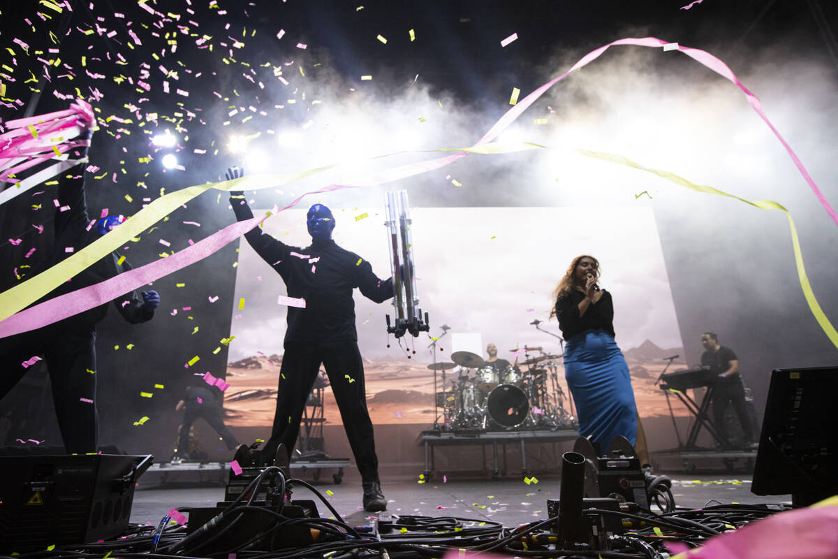 Alessia Cara performs with the Blue Man Group during the Life is Beautiful festival on Saturday ...