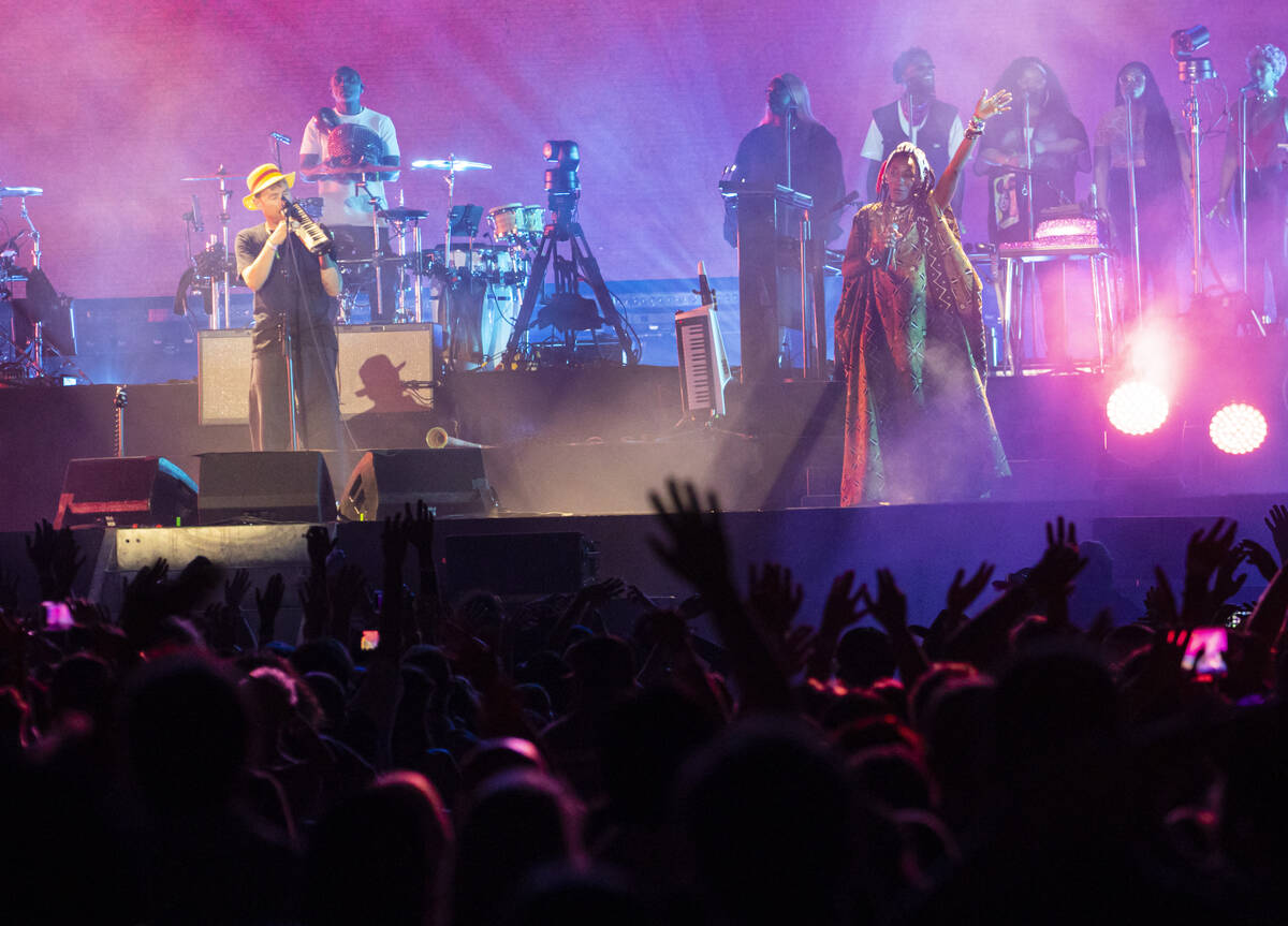 Damon Albarn of Gorillaz performs with Fatoumata Diawara during the Life is Beautiful festival ...