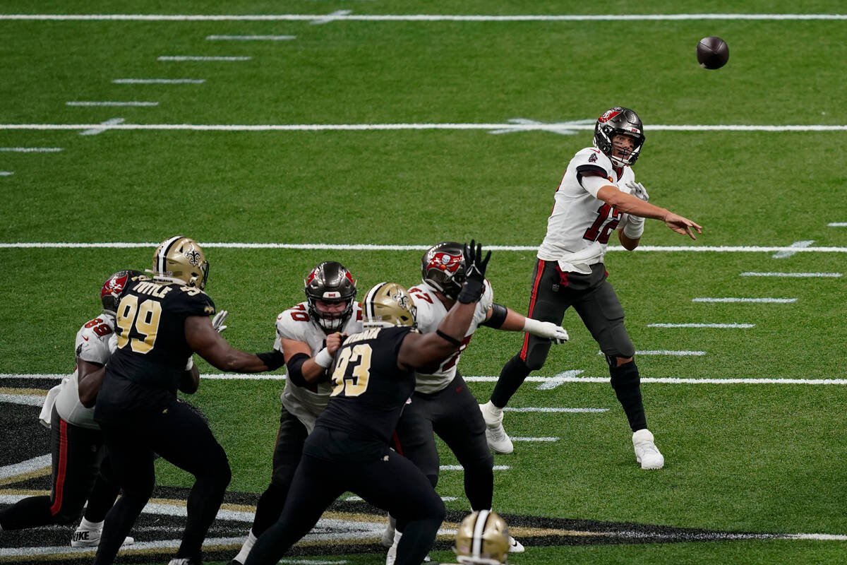 Tampa Bay Buccaneers quarterback Tom Brady passes against the New Orleans Saints during the fir ...