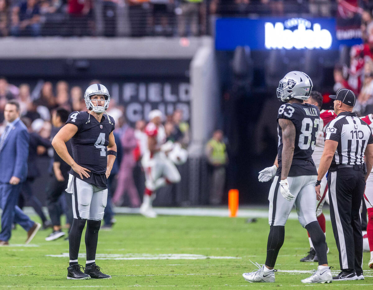 Raiders quarterback Derek Carr (4) stands amazed after losing to the Arizona Cardinals in overt ...