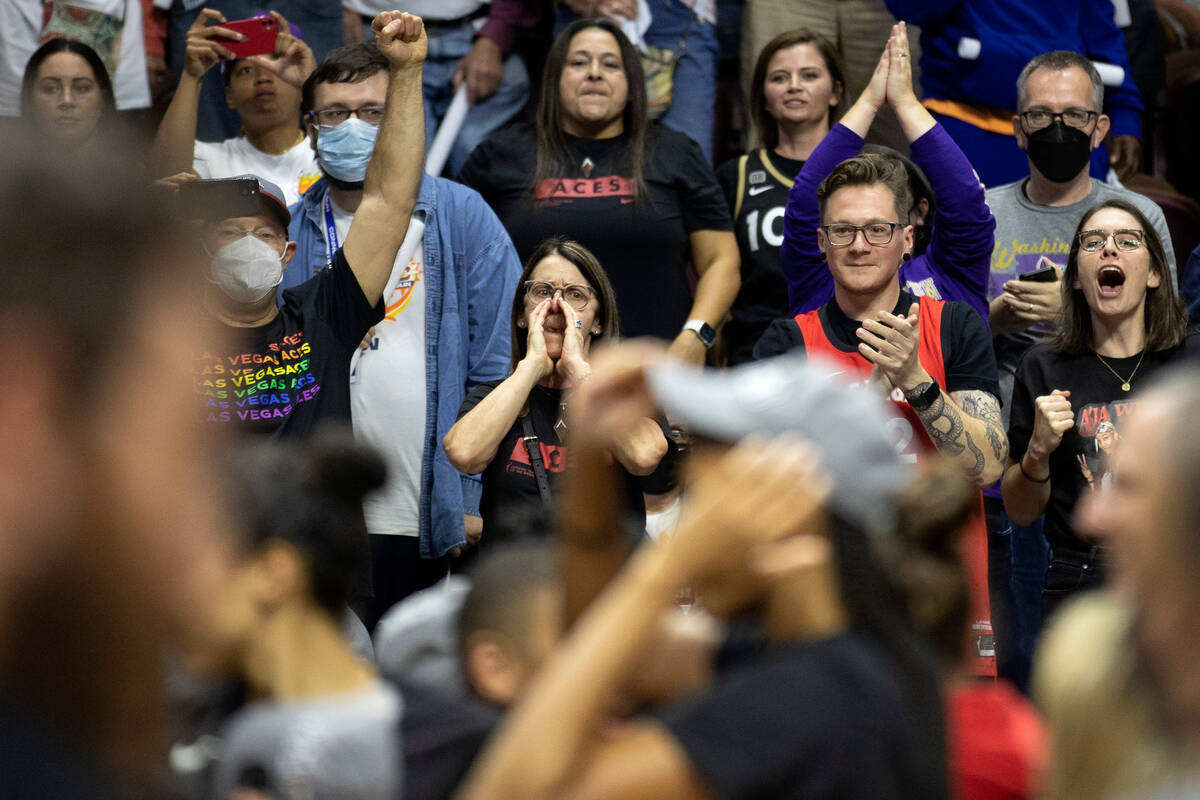 Las Vegas Aces fans cheer after their team won Game 4 of a WNBA basketball final series against ...