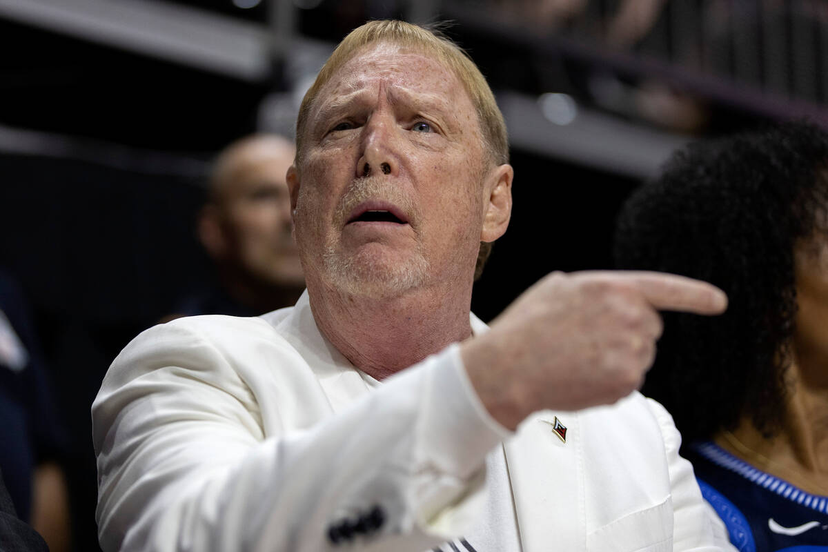 Las Vegas Aces owner Mark Davis questions a play during the second half in Game 4 of a WNBA bas ...