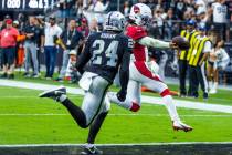 Arizona Cardinals quarterback Kyler Murray (1) scampers into the end zone past Raiders safety J ...