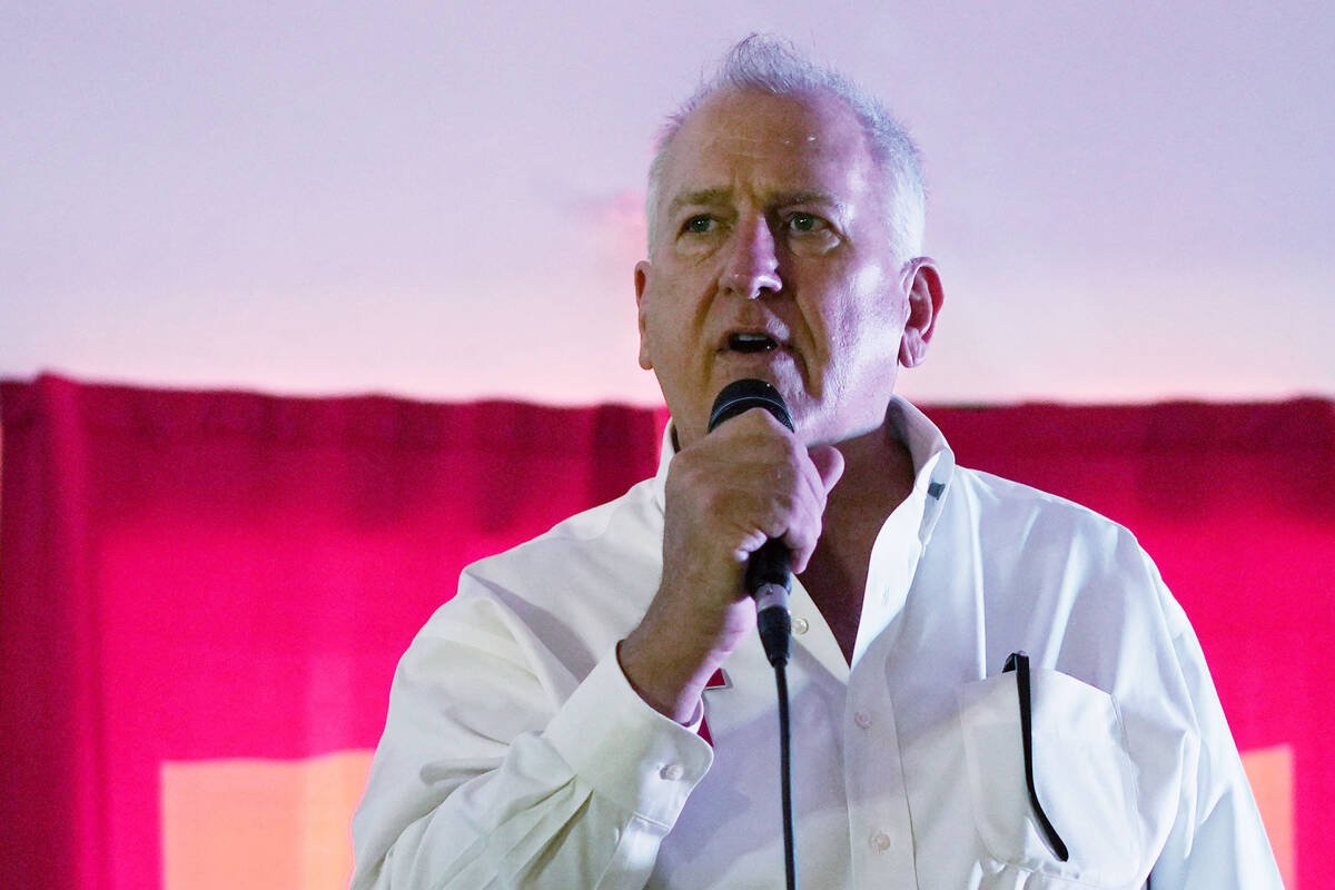 Mark Kampf speaks at an event in Pahrump in July 2022. (AP Photo/John Locher)