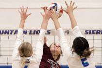 Faith Lutheran’s Bianca Richardson (6) has her shot contested by Sierra Vista’s M ...