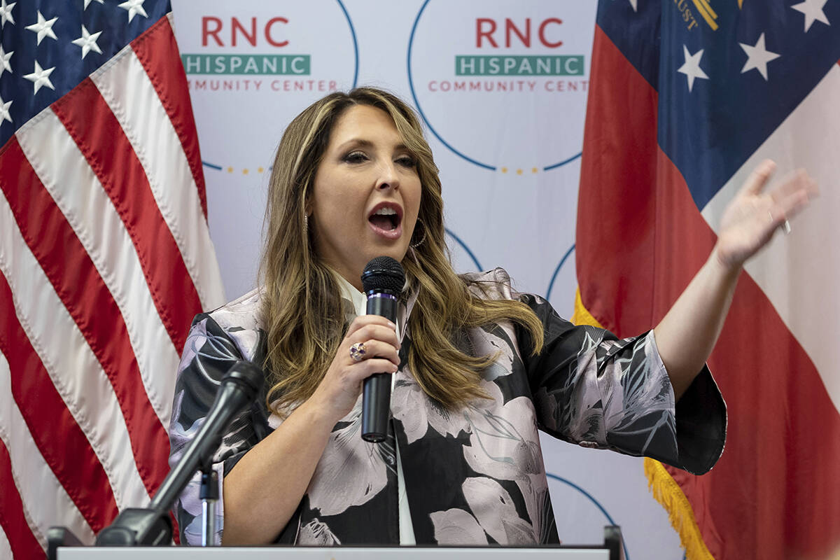 FILE - Republican National Committee Chair Ronna McDaniel speaks to a packed room at the openin ...