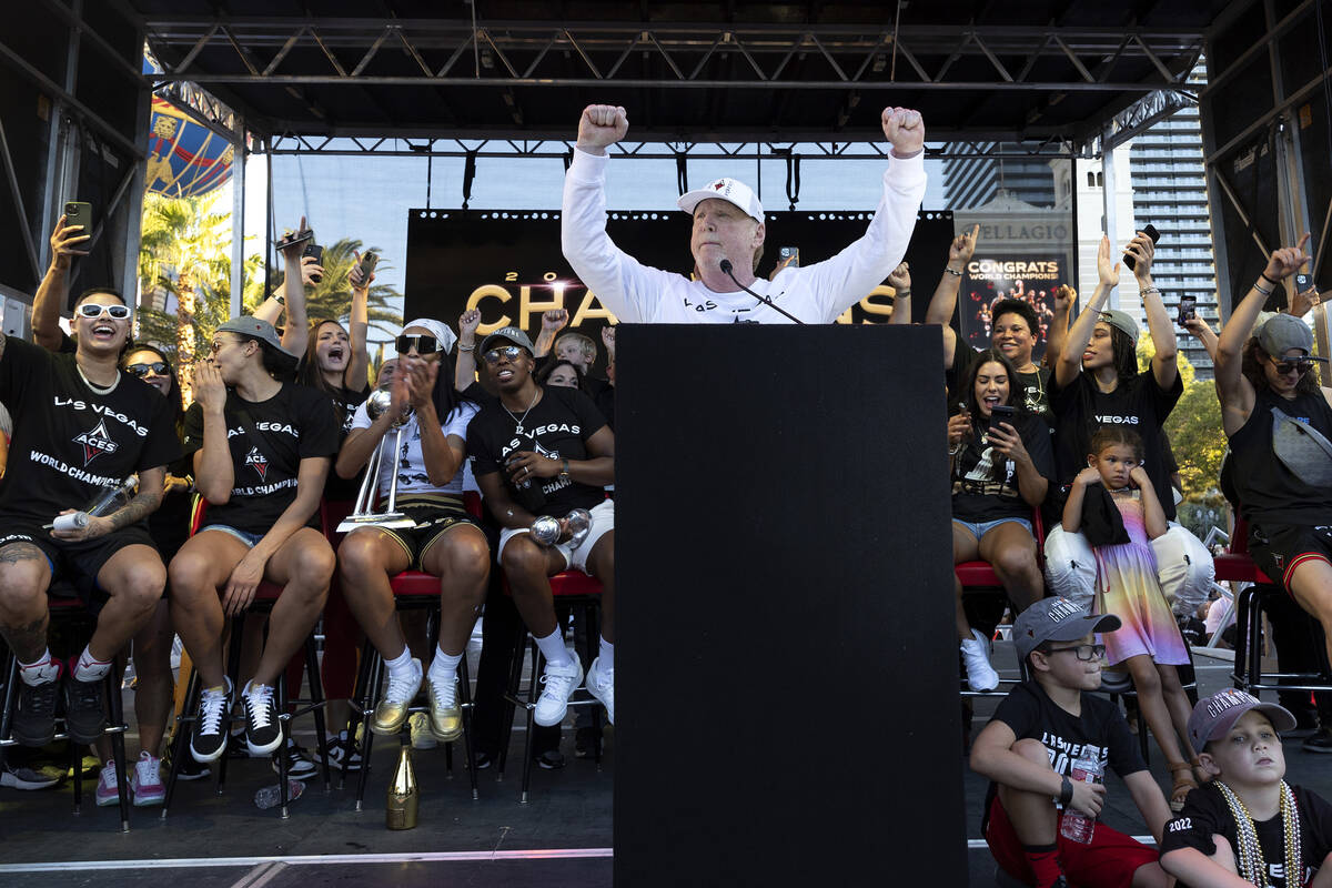 Las Vegas Aces owner Mark Davis celebrates during a parade in honor of his team, the 2022 WNBA ...