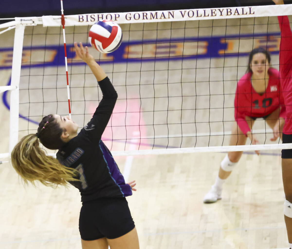 Silverado's Roxy Christensen (7) hits the ball during a volleyball game at Bishop Gorman High S ...