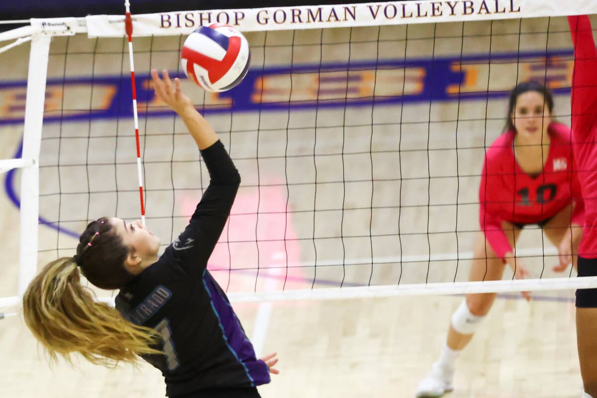 Silverado's Roxy Christensen (7) hits the ball during a volleyball game at Bishop Gorman High S ...